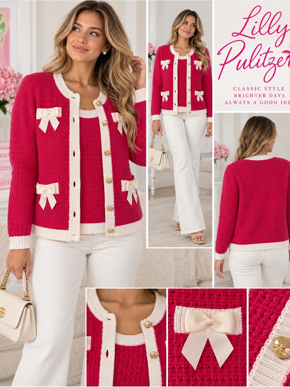 Lilly Pulitzer Pink Bow Cardigan & Shell Set Gold Buttons Size S